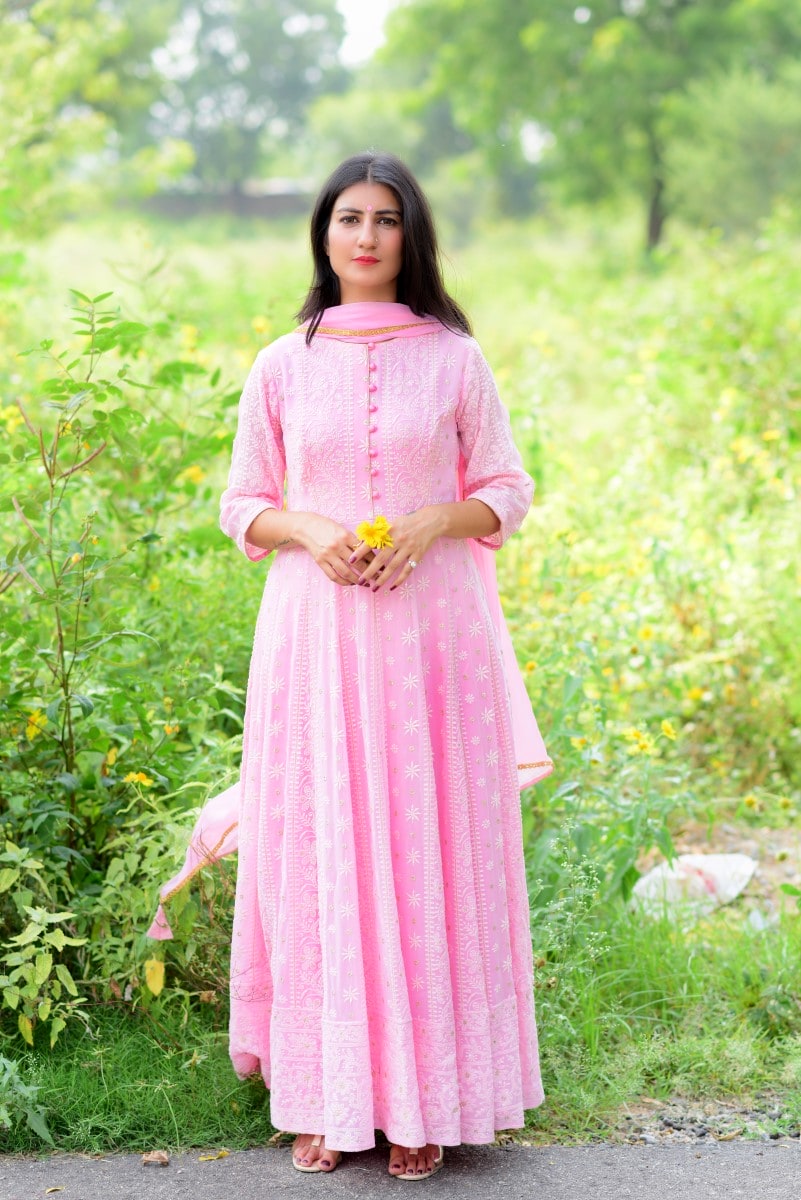 Rose Pink Anarkali Chikankari Suit DIMPLE DESIGN STUDIO Rose Pink Anarkali Chikankari Suit DIMPLE DESIGN STUDIO