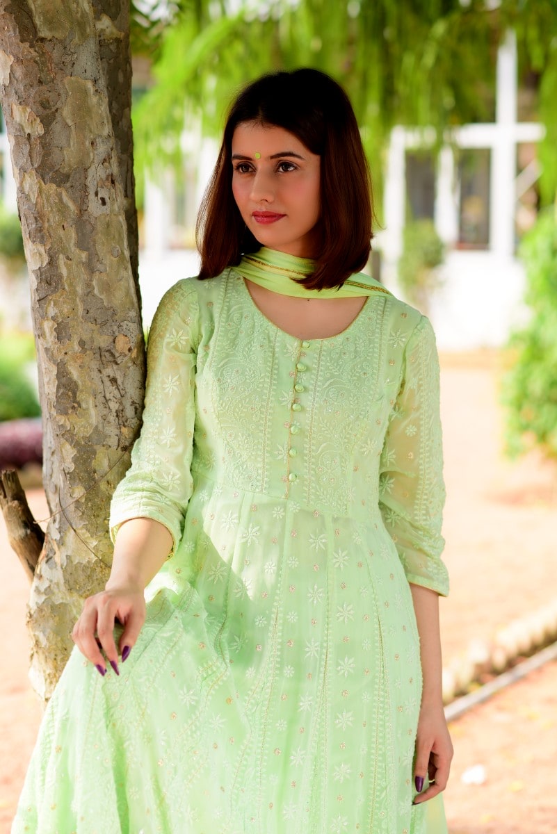 Pista Green Anarkali Chikankari Suit DIMPLE DESIGN STUDIO Pista Green Anarkali Chikankari Suit DIMPLE DESIGN STUDIO