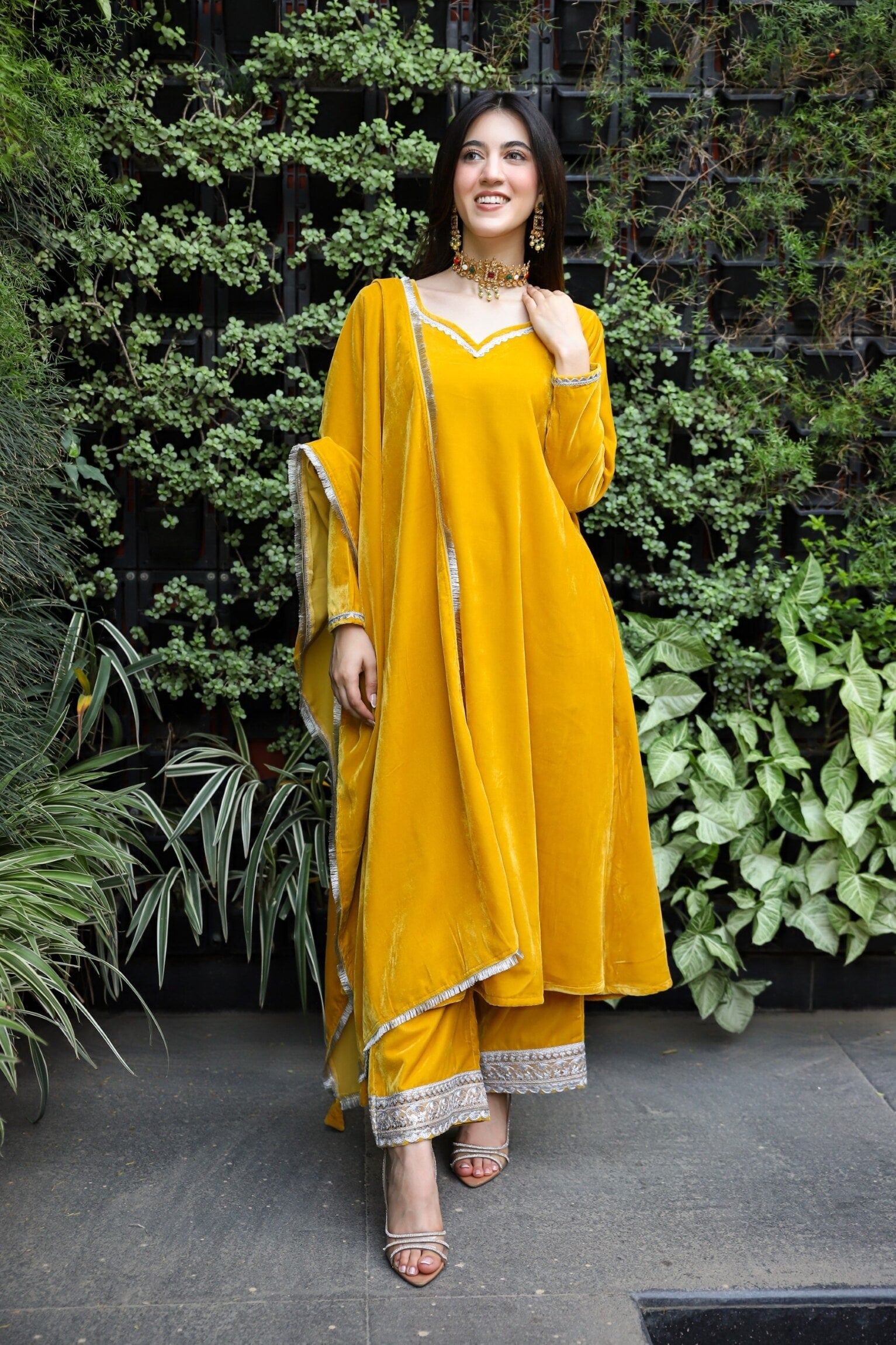 Velvet And Lace Combination Reference: Mustard Velvet A Line Suit Set