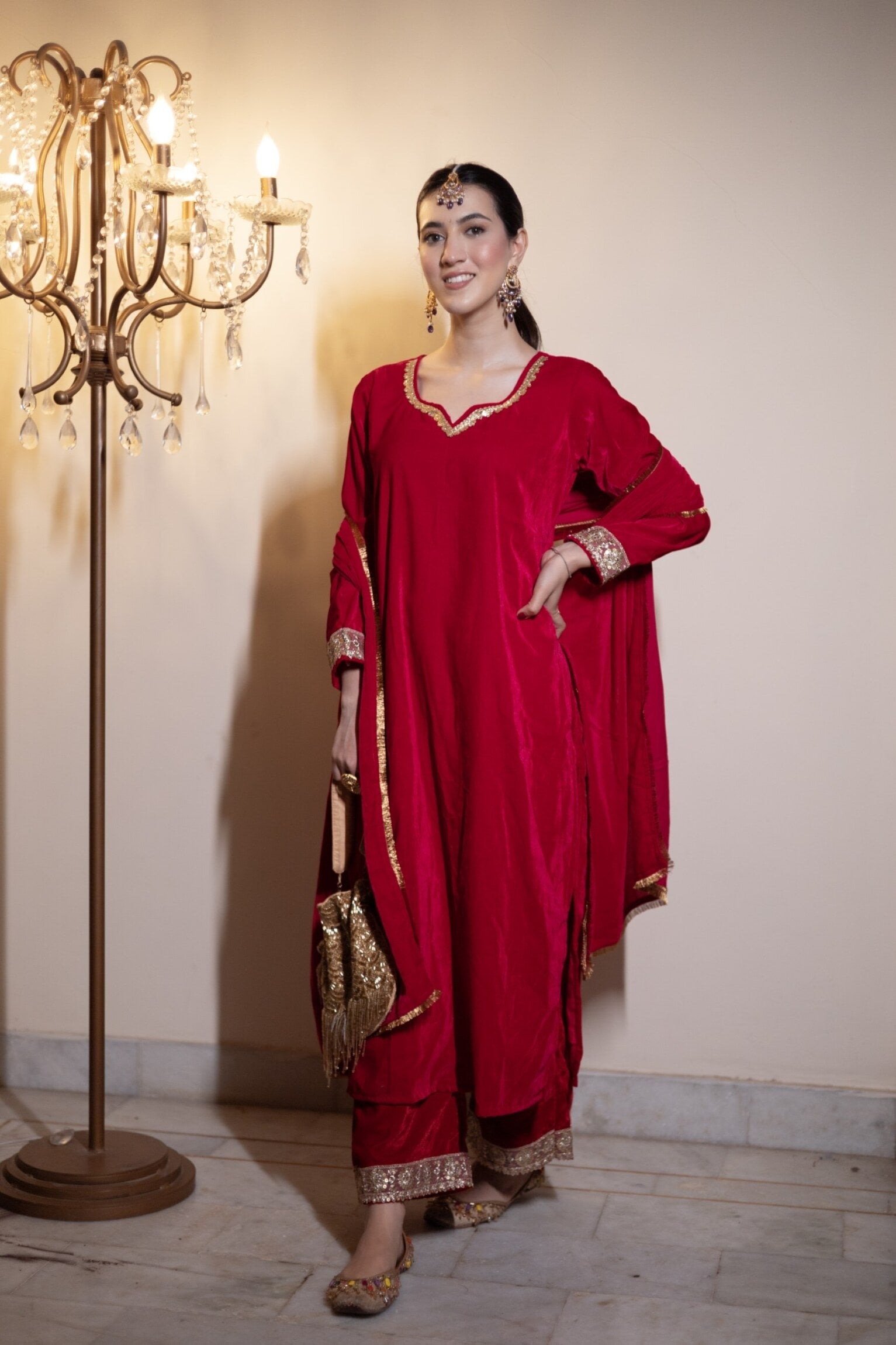 Rani Pink Crush Velvet party Wear Suit with Heavy Embroidered Duppata main image 0