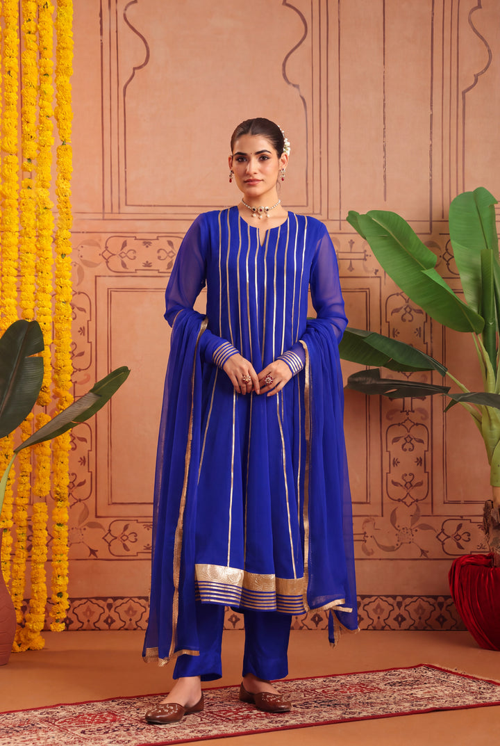 Peacock Blue Gota Georgette Anarkali Set