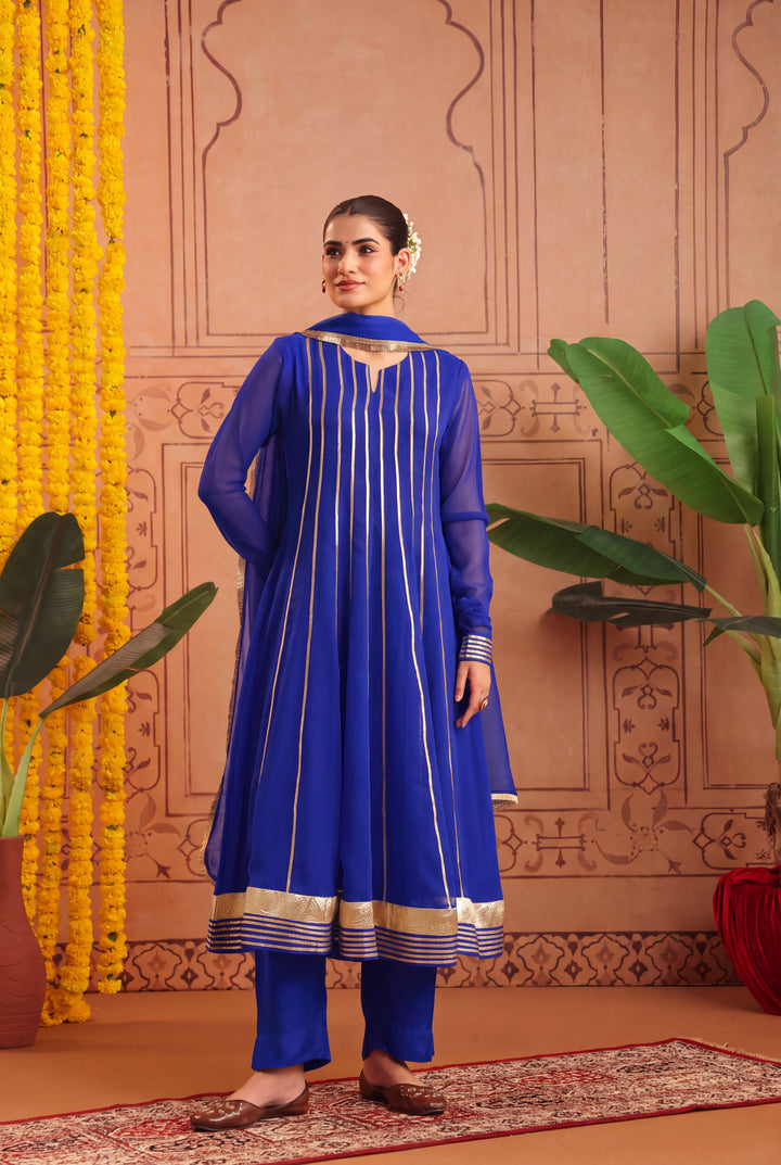 Peacock Blue Gota Georgette Anarkali Set