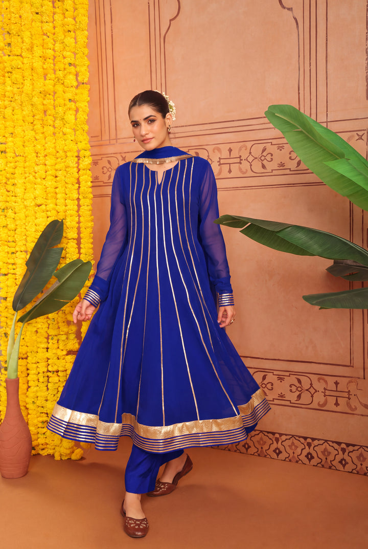 Peacock Blue Gota Georgette Anarkali Set