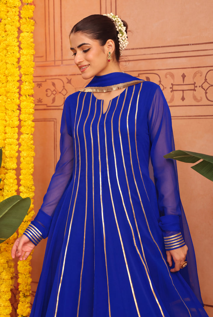 Peacock Blue Gota Georgette Anarkali Set