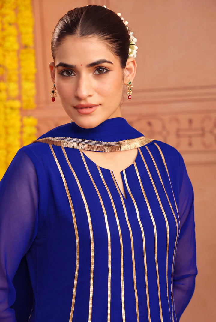 Peacock Blue Gota Georgette Anarkali Set