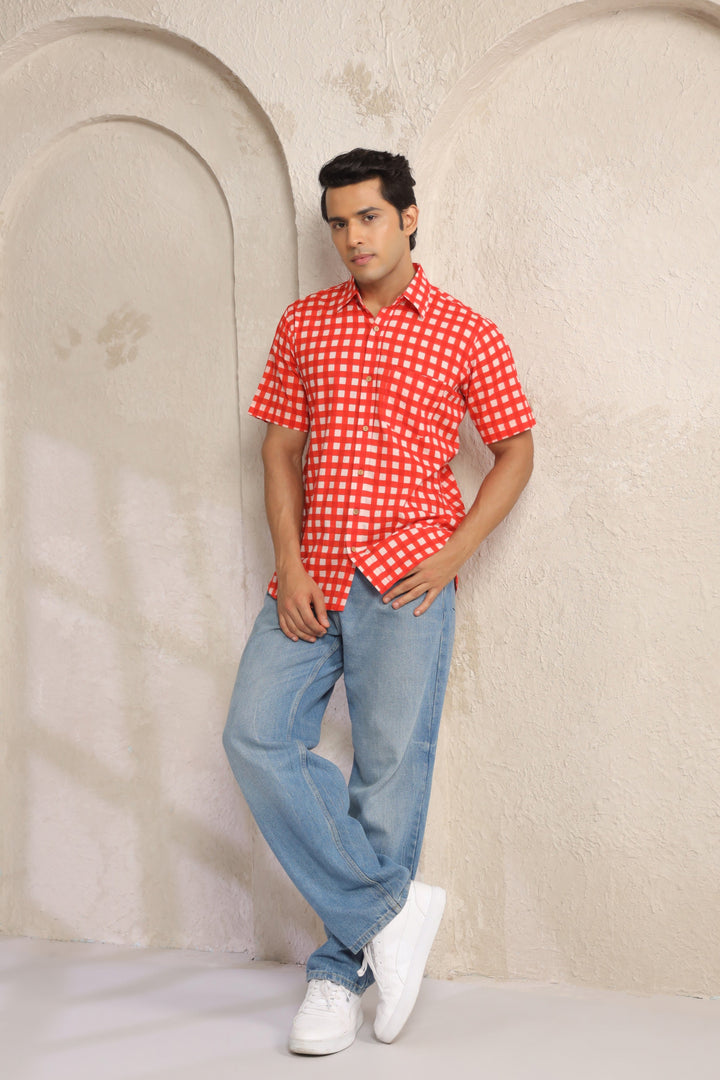 Red Checks Half Sleeve Shirt