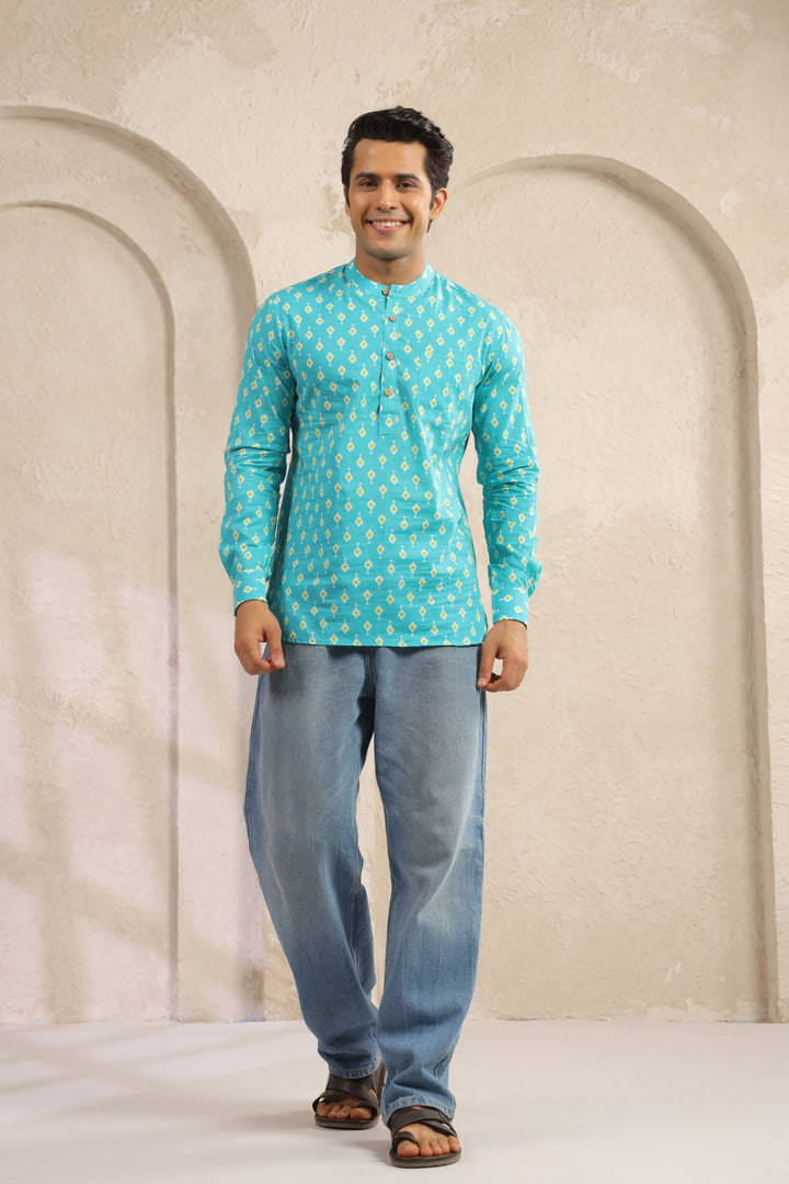 Turquoise Cotton Regular Shirt Kurta