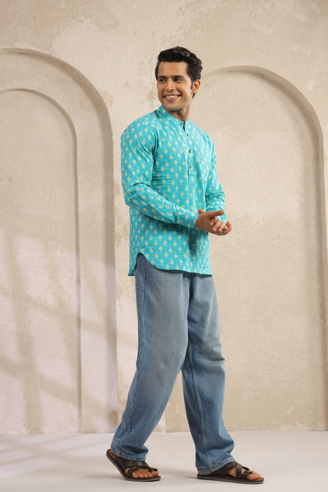 Turquoise Cotton Regular Shirt Kurta