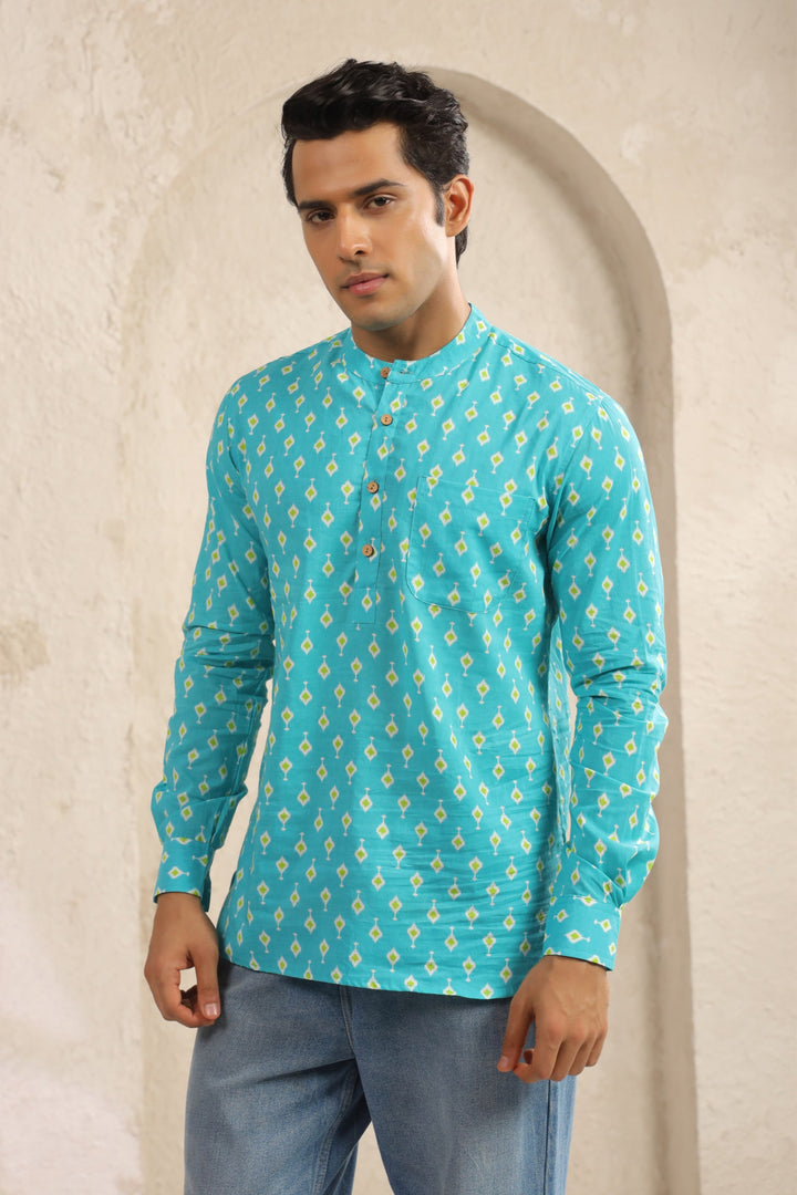 Turquoise Cotton Regular Shirt Kurta