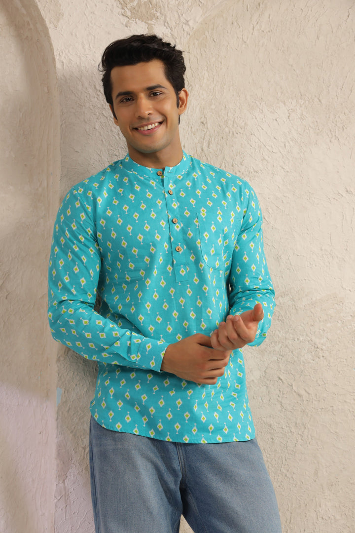 Turquoise Cotton Regular Shirt Kurta