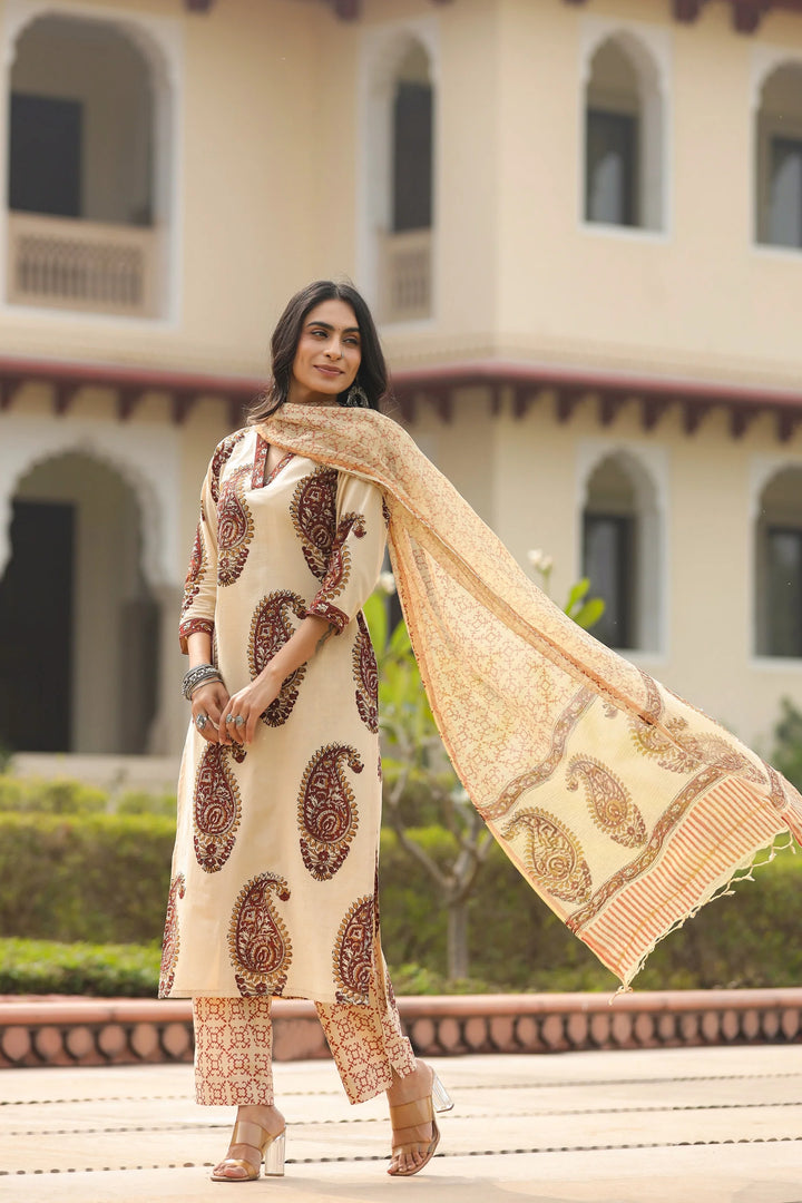 Unstitched - Chehak Beige Cotton Suit Set