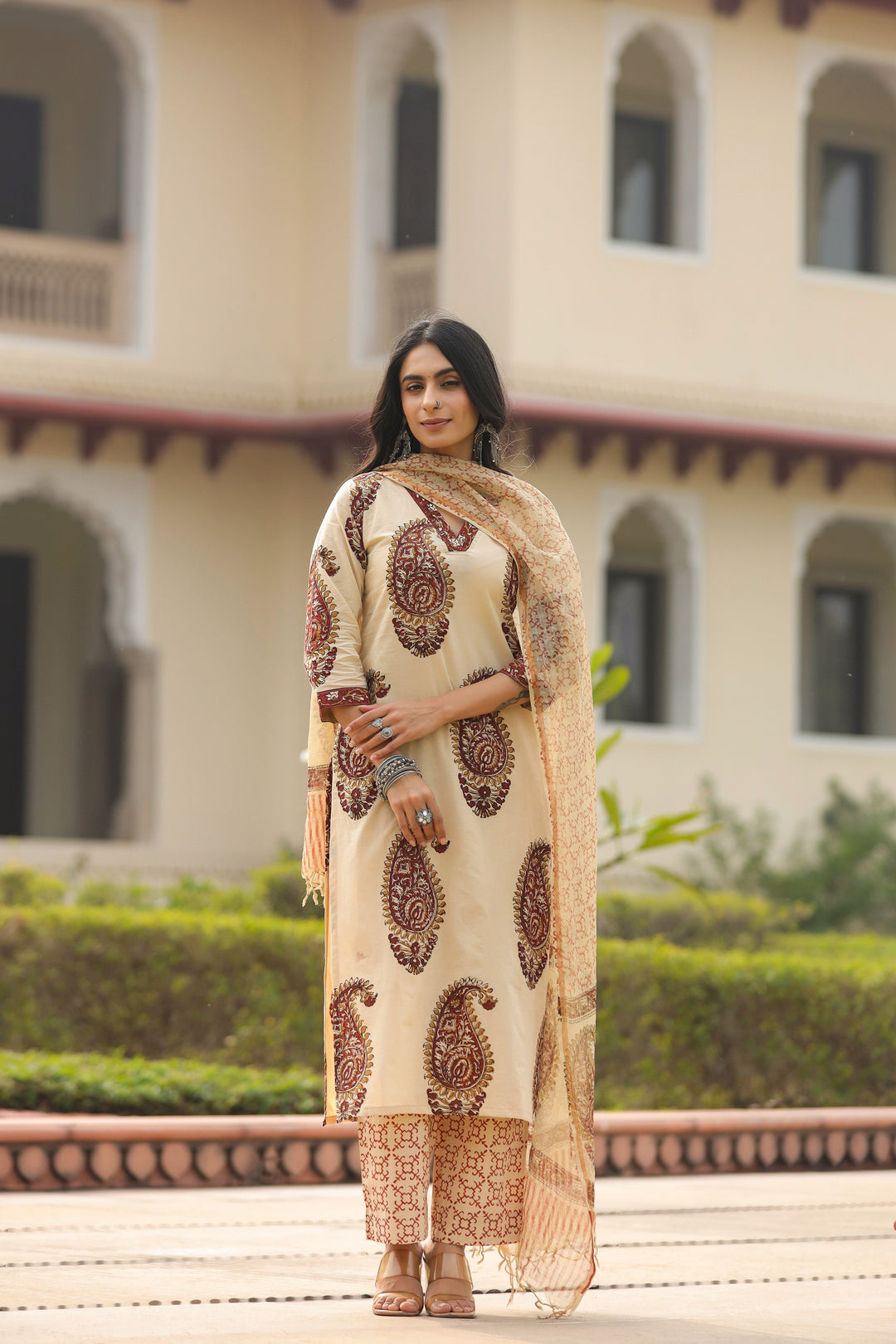 Chehak Beige Cotton Suit Set
