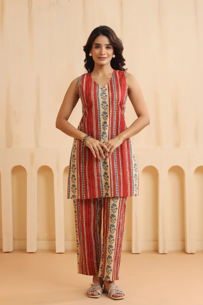 Red Sleeveless Cotton Coord Set