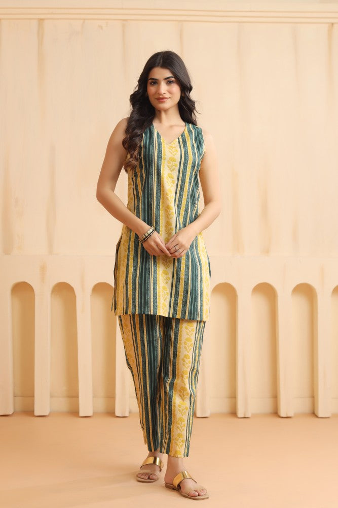 Teal Sleeveless Cotton Coord Set