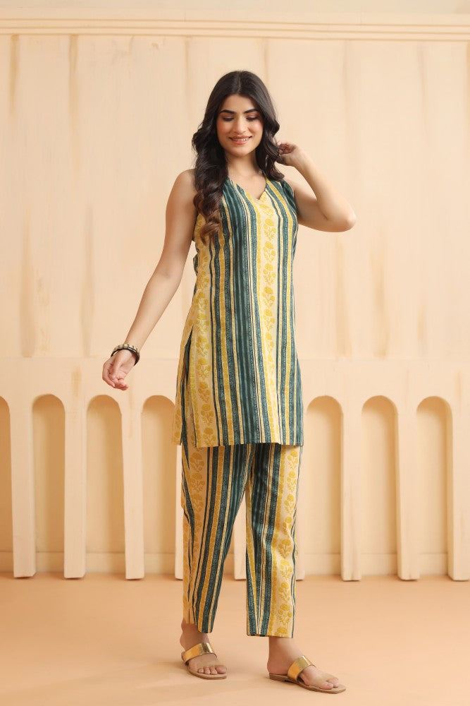 Teal Sleeveless Cotton Coord Set