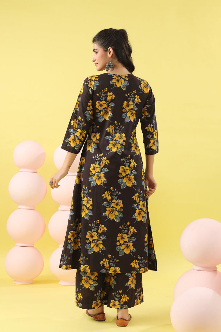 Black Yellow A-line Kurta Set