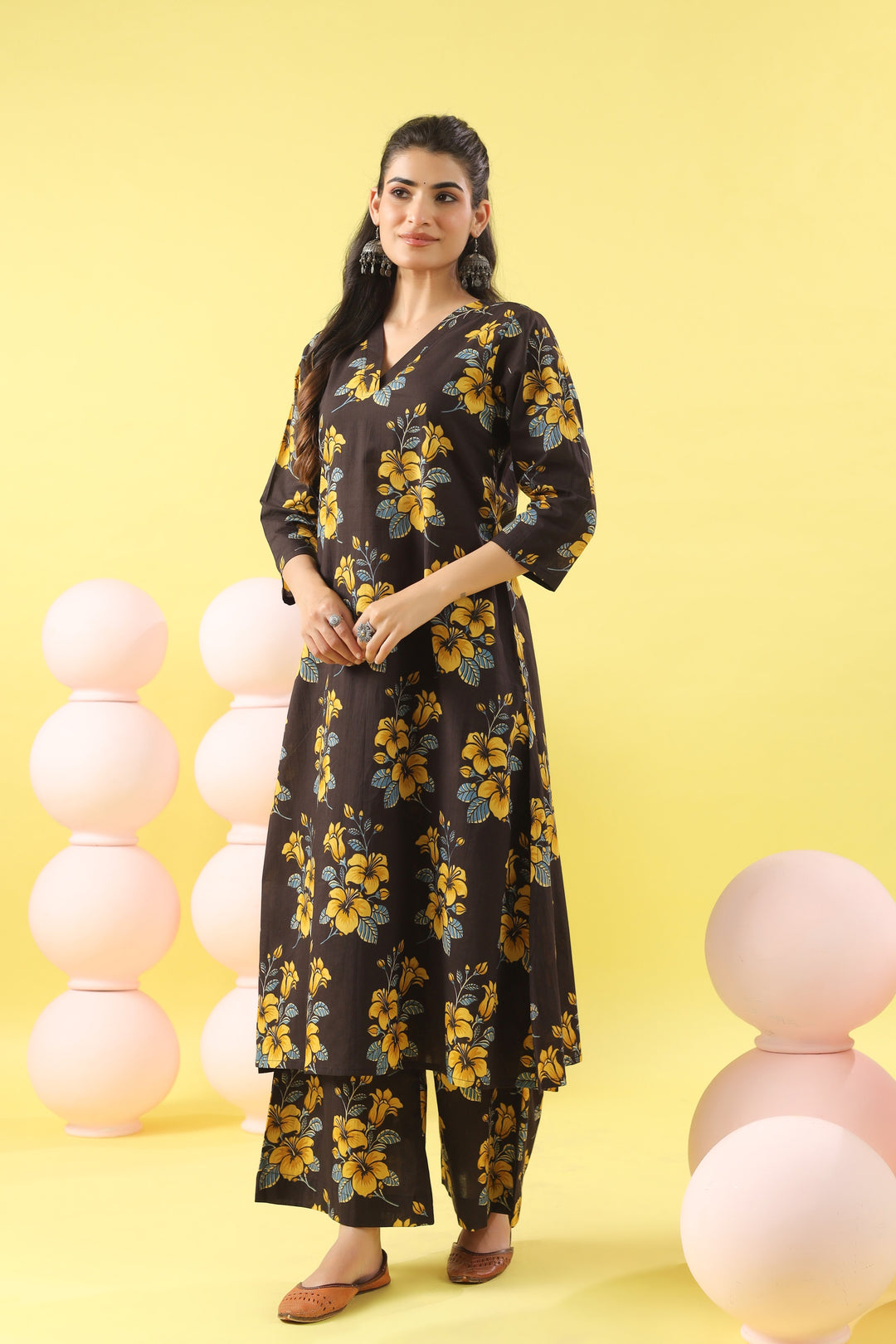 Black Yellow A-line Kurta Set