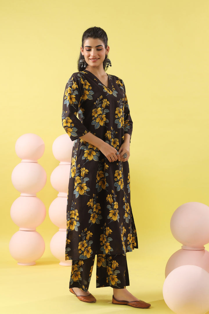 Black Yellow A-line Kurta Set