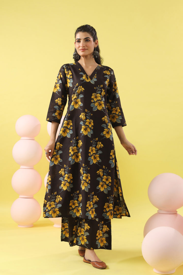Black Yellow A-line Kurta Set