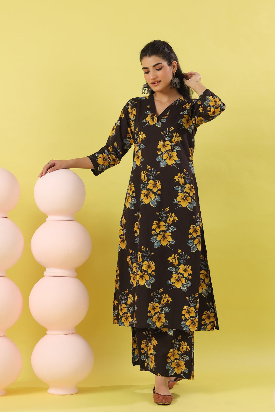 Black Yellow A-line Kurta Set