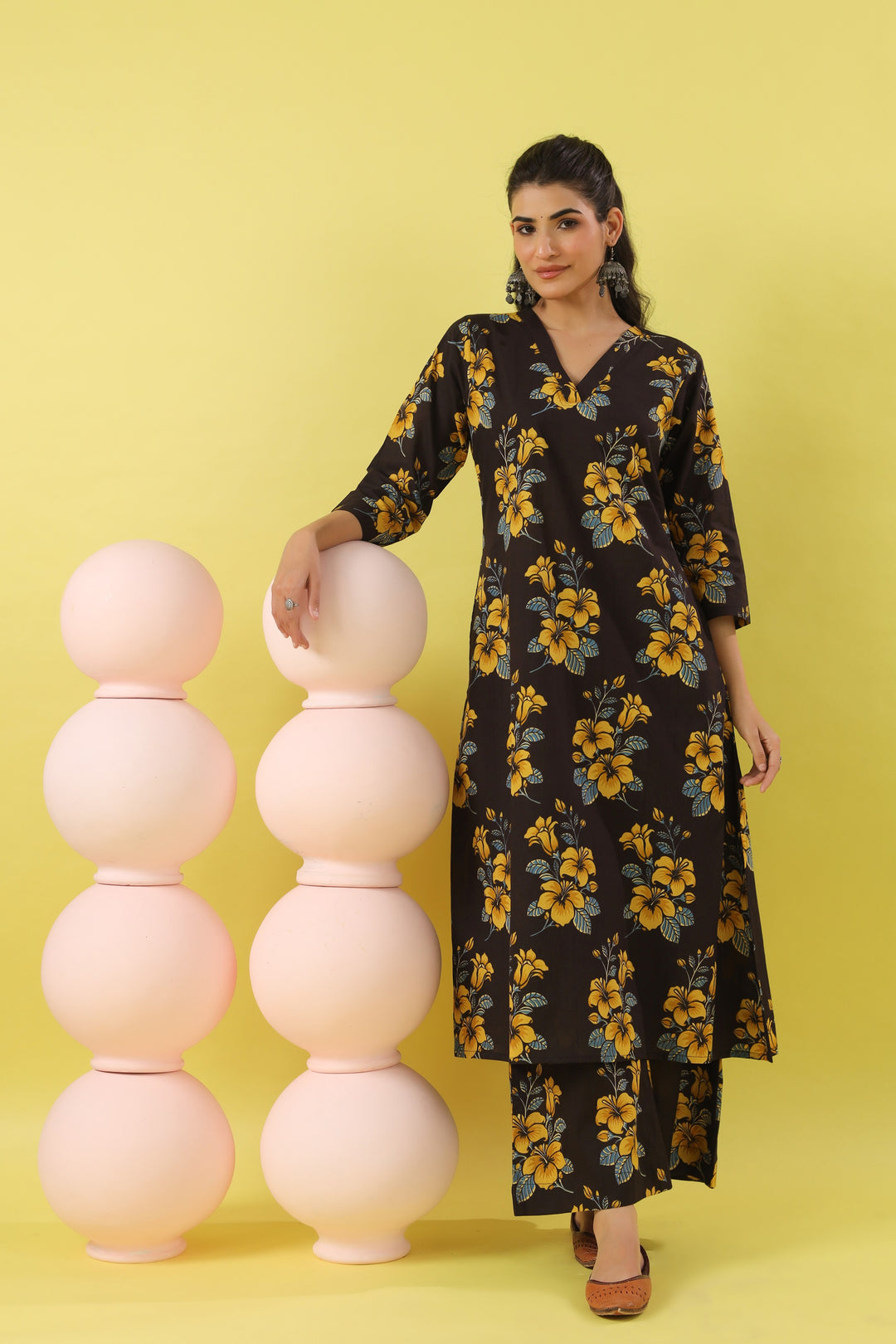 Black Yellow A-line Kurta Set