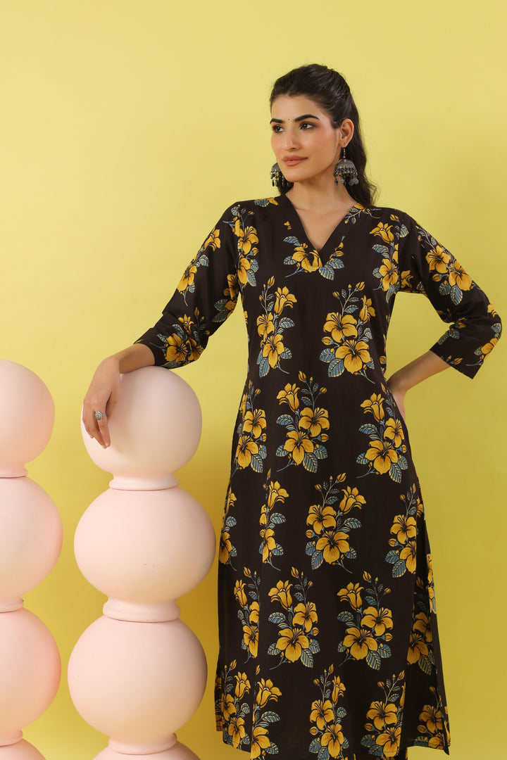 Black Yellow A-line Kurta Set