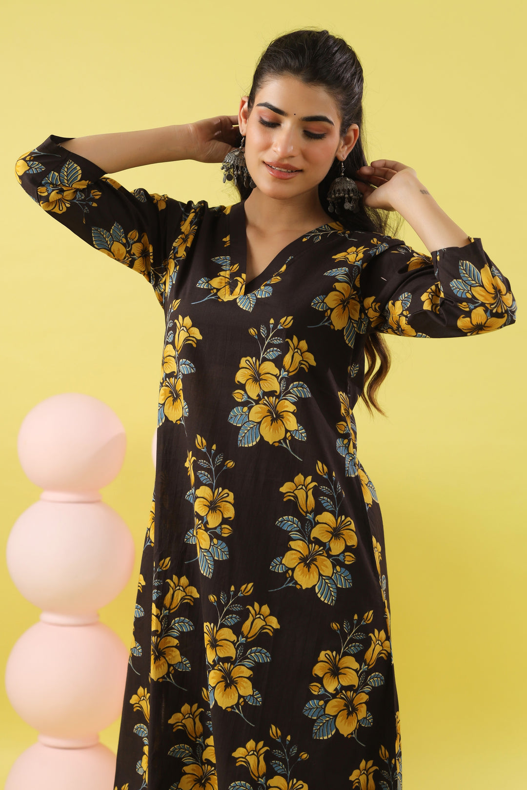Black Yellow A-line Kurta Set