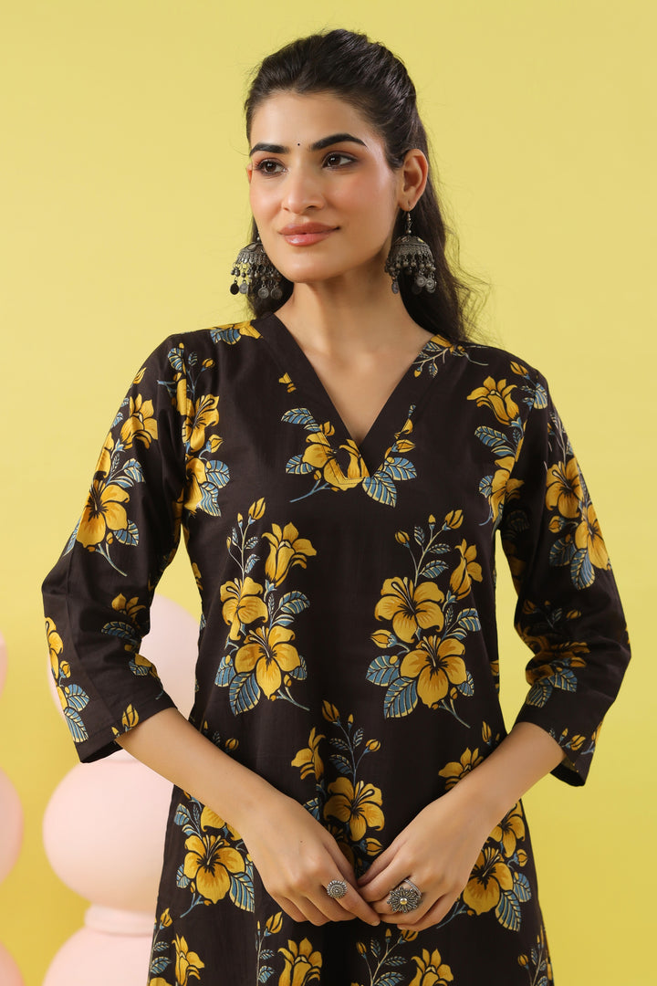 Black Yellow A-line Kurta Set
