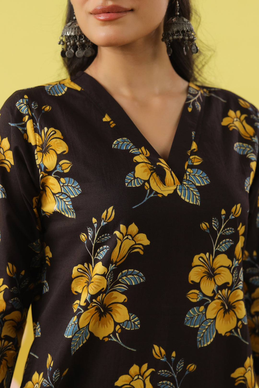 Black Yellow A-line Kurta Set