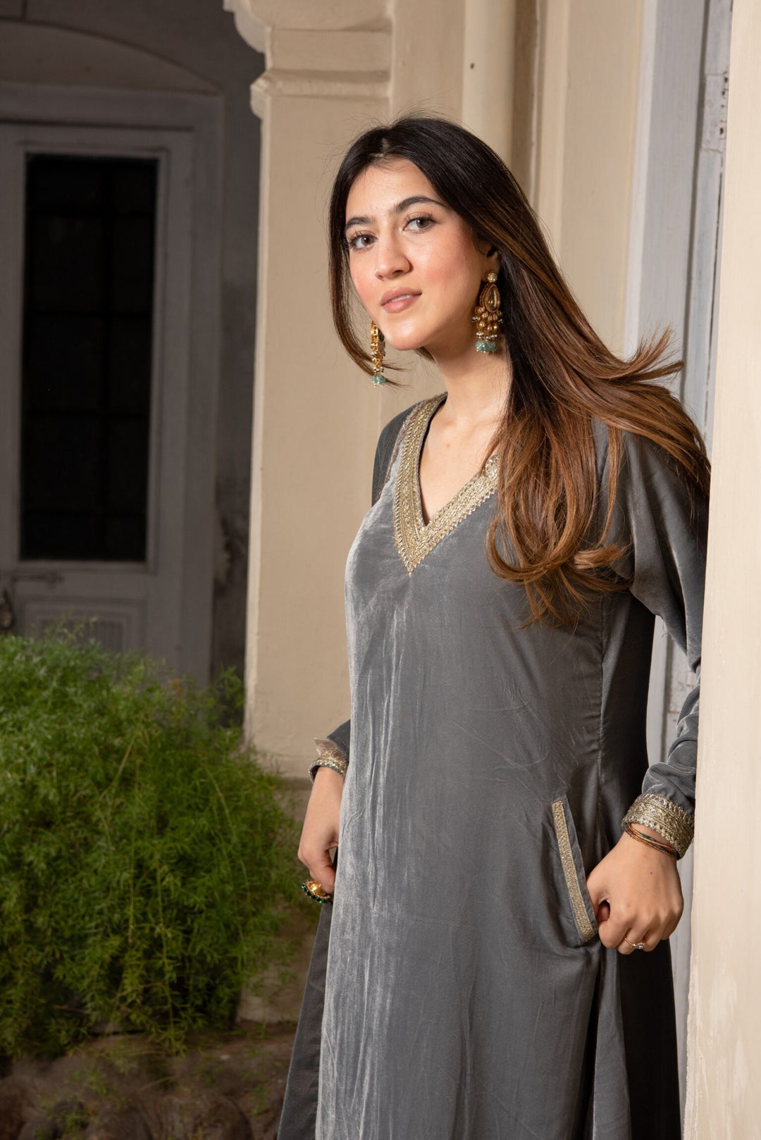 Dreamy Grey Velvet A-Line Suit Set DIMPLE DESIGN STUDIO Dreamy Grey Velvet A-Line Suit Set DIMPLE DESIGN STUDIO