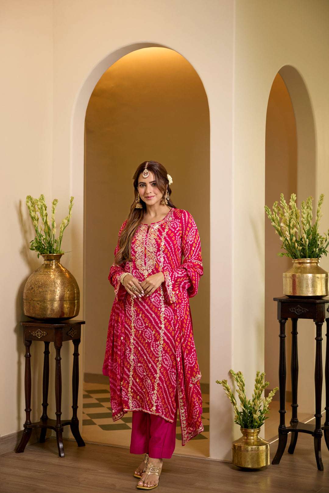 Moksha Red Rani Bandhej Suit Set