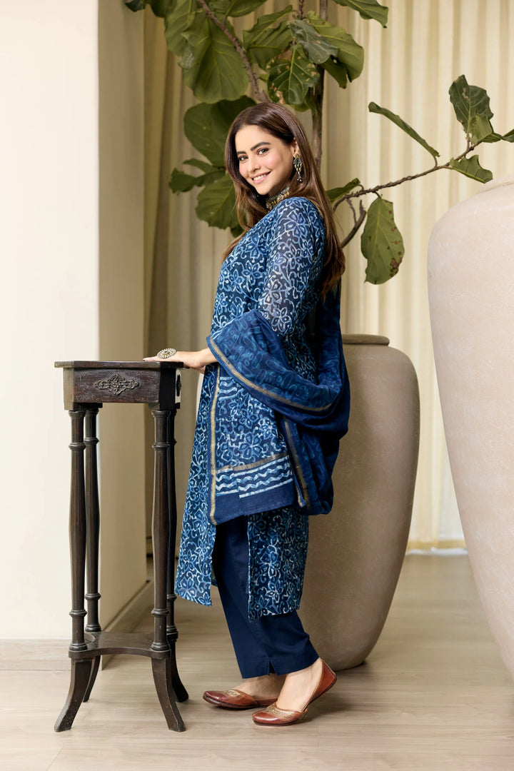 Unstitched - Ananya Blue Chanderi Dabu Suit Set