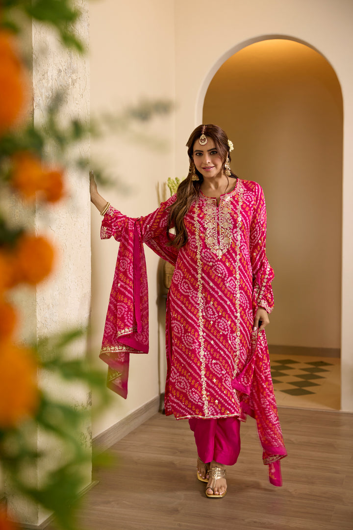 Moksha Red Rani Bandhej Suit Set