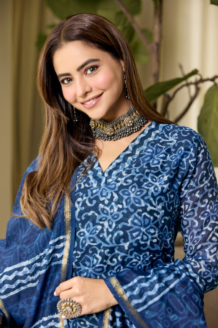 Ananya Blue Chanderi Dabu Suit Set