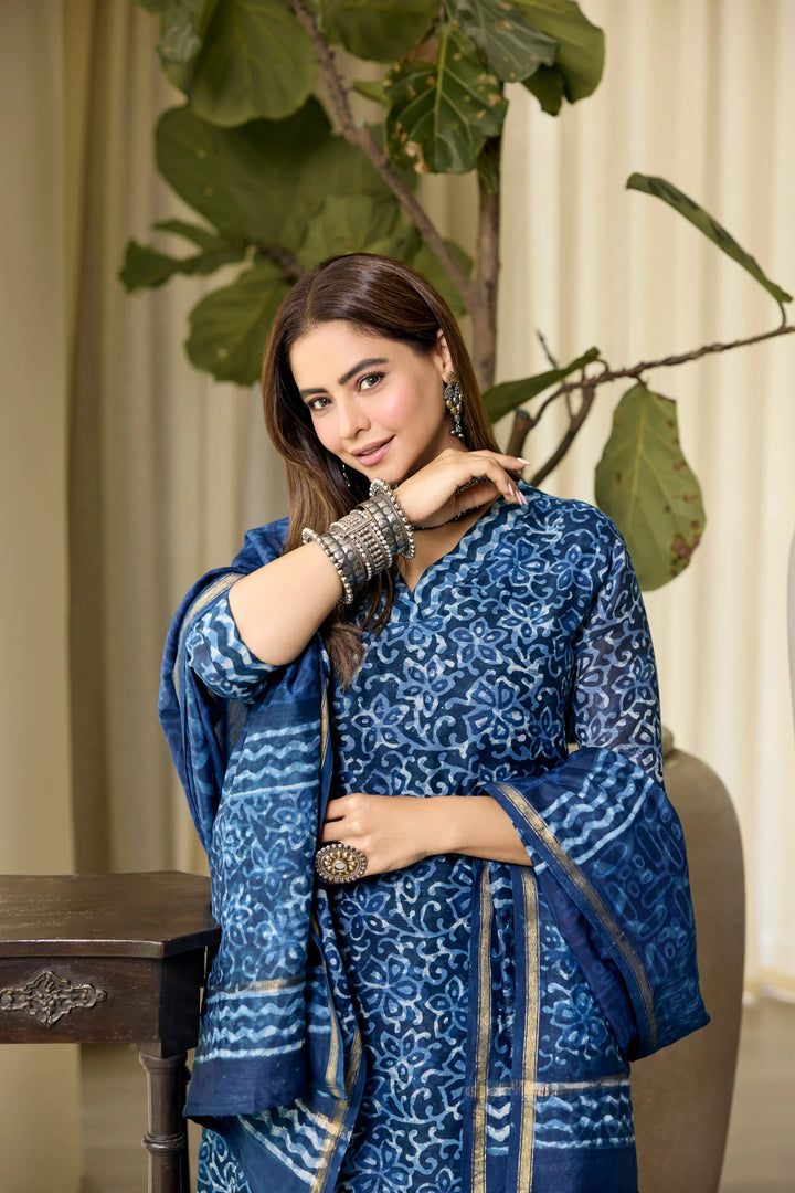 Unstitched - Ananya Blue Chanderi Dabu Suit Set