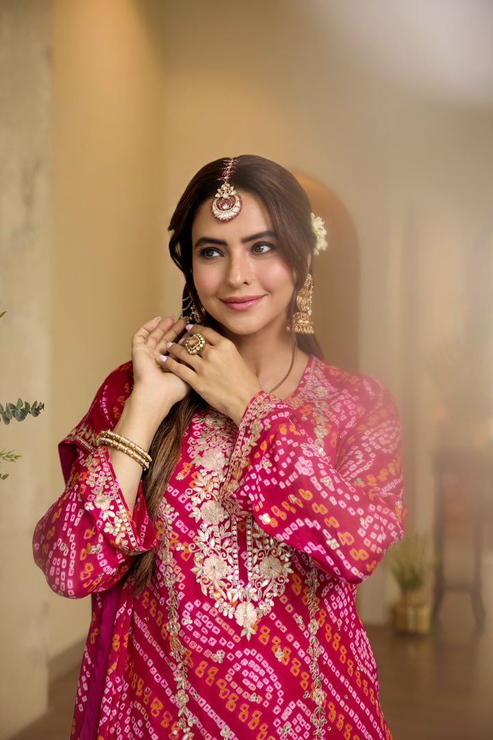 Moksha Red Rani Bandhej Suit Set