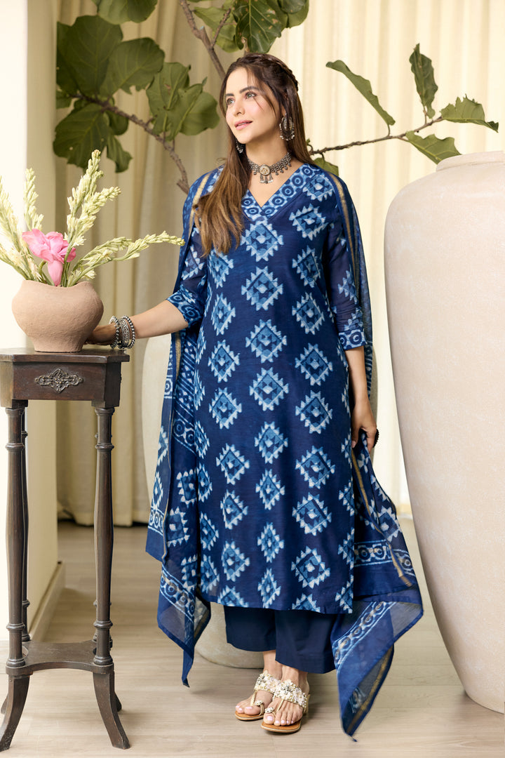Pari Blue Chanderi Dabu Suit Set