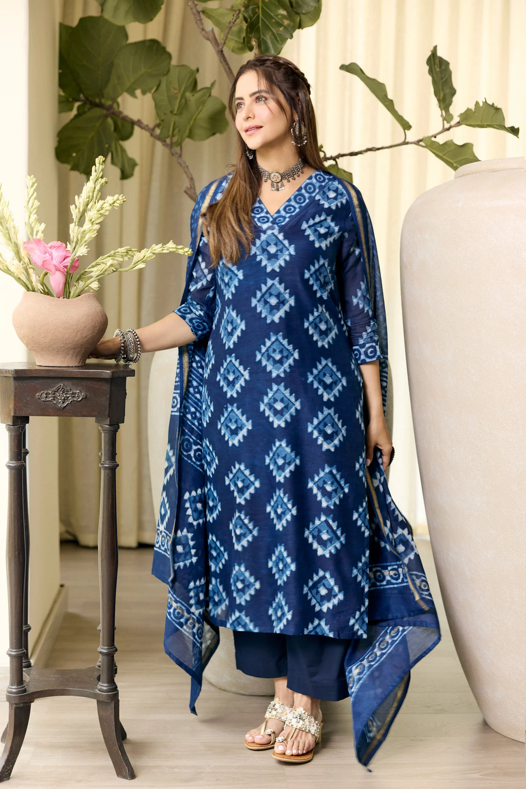 Unstitched - Pari Blue Chanderi Dabu Suit Set