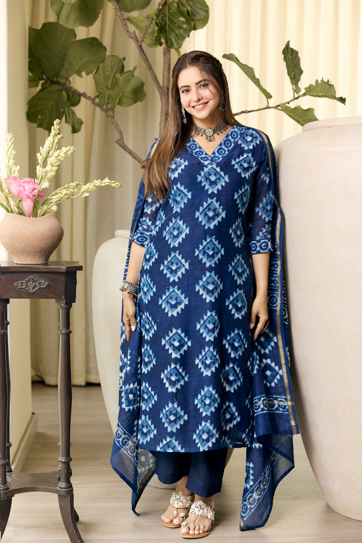 Pari Blue Chanderi Dabu Suit Set