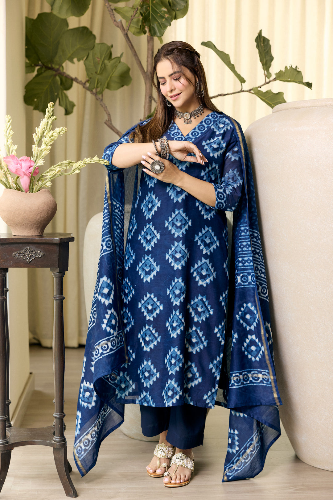 Pari Blue Chanderi Dabu Suit Set
