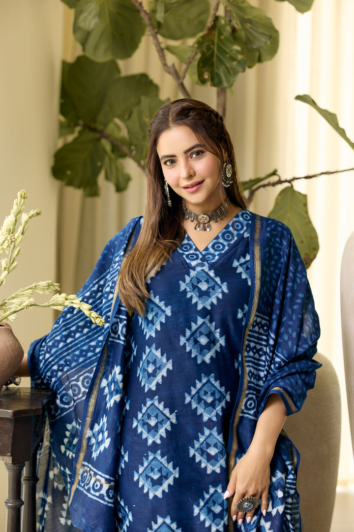 Pari Blue Chanderi Dabu Suit Set