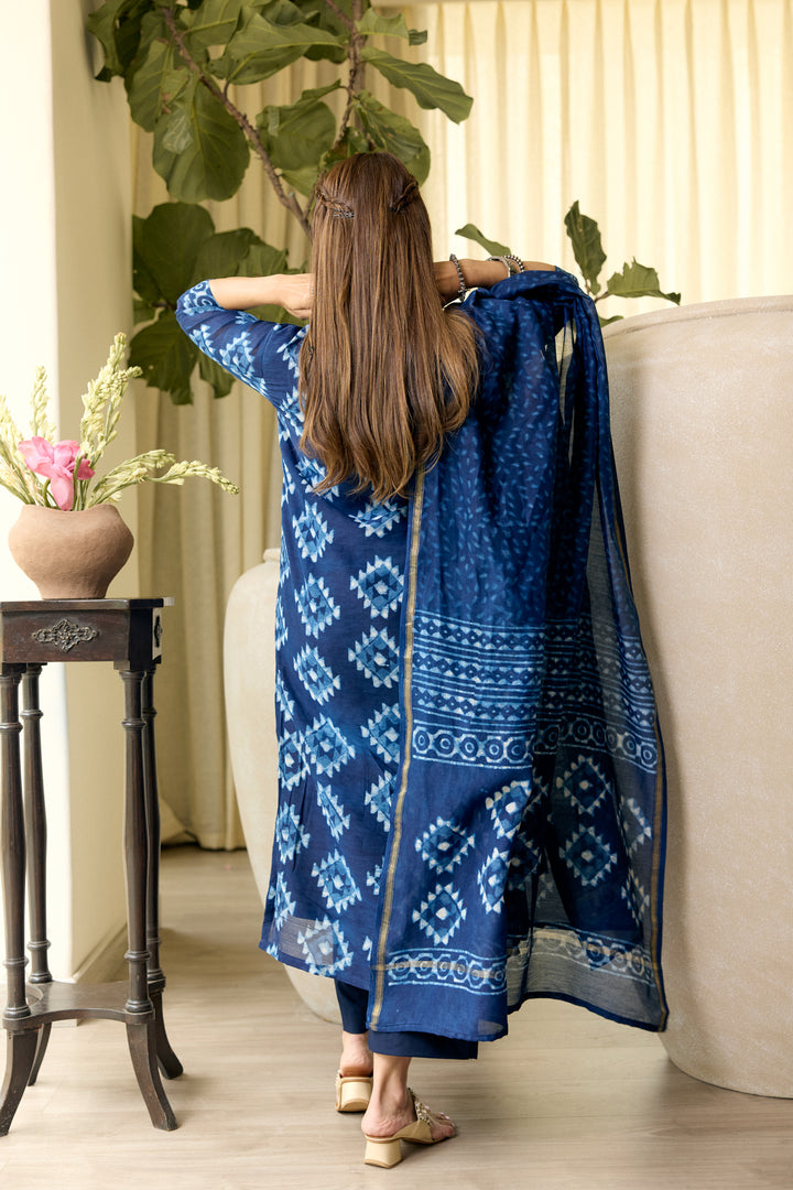 Pari Blue Chanderi Dabu Suit Set