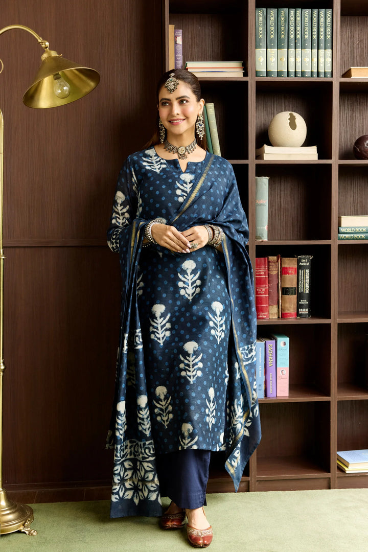 Unstitched - Kashish Blue Chanderi Dabu Suit Set