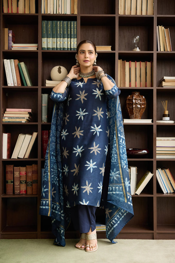 Unstitched - Vrishti Blue Chanderi Dabu Suit Set