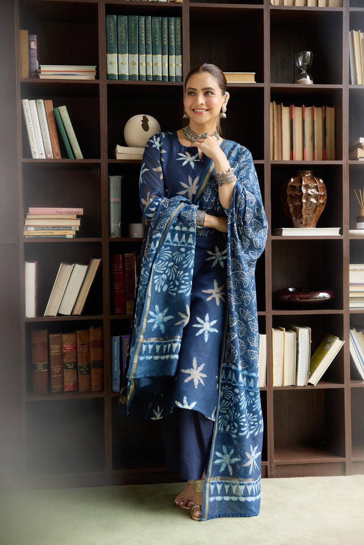 Vrishti Blue Chanderi Dabu Suit Set