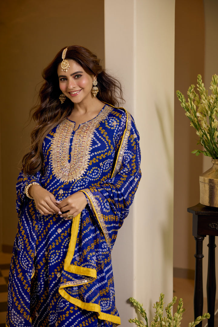 Renuka Blue Bandhej Suit set