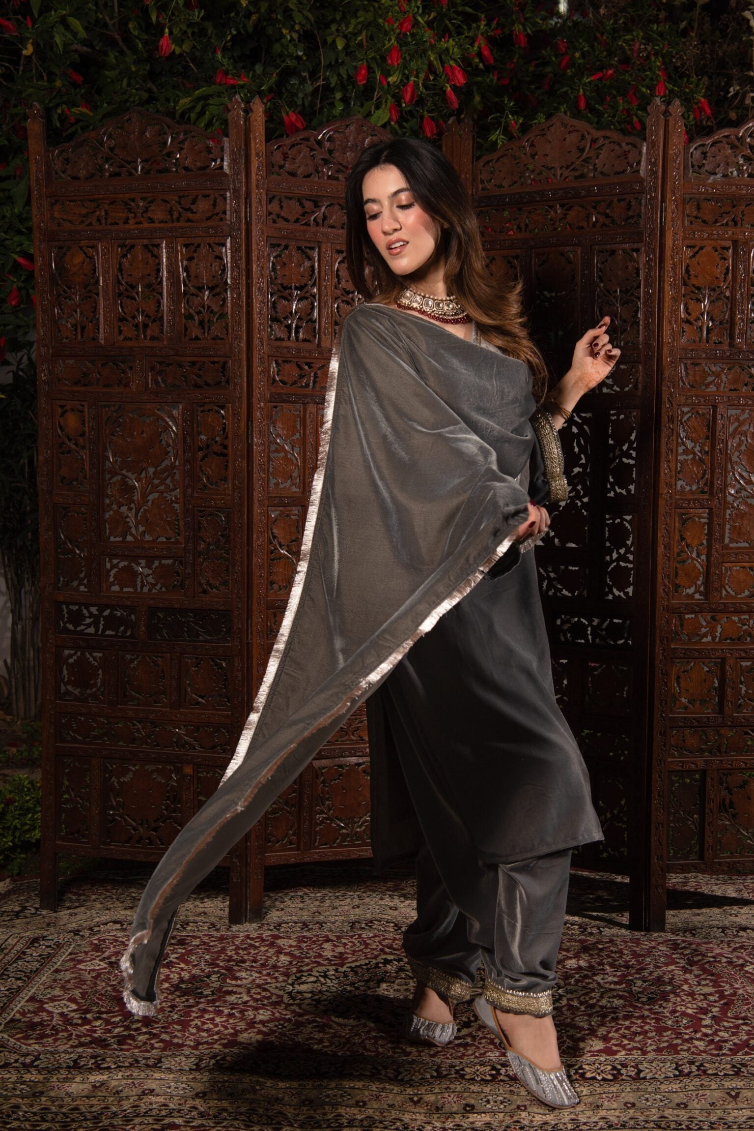 Smoke Grey Velvet Suit Set – DIMPLE DESIGN STUDIO