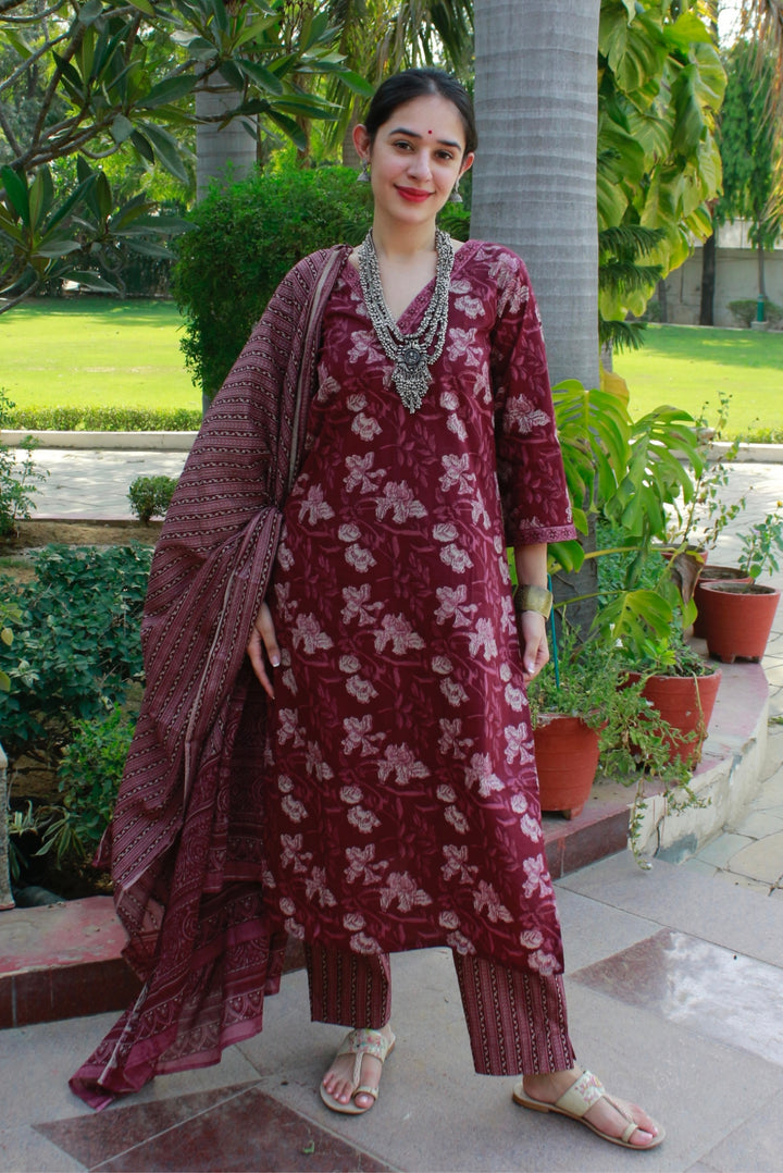 Kavya Maroon Cotton Suit Set