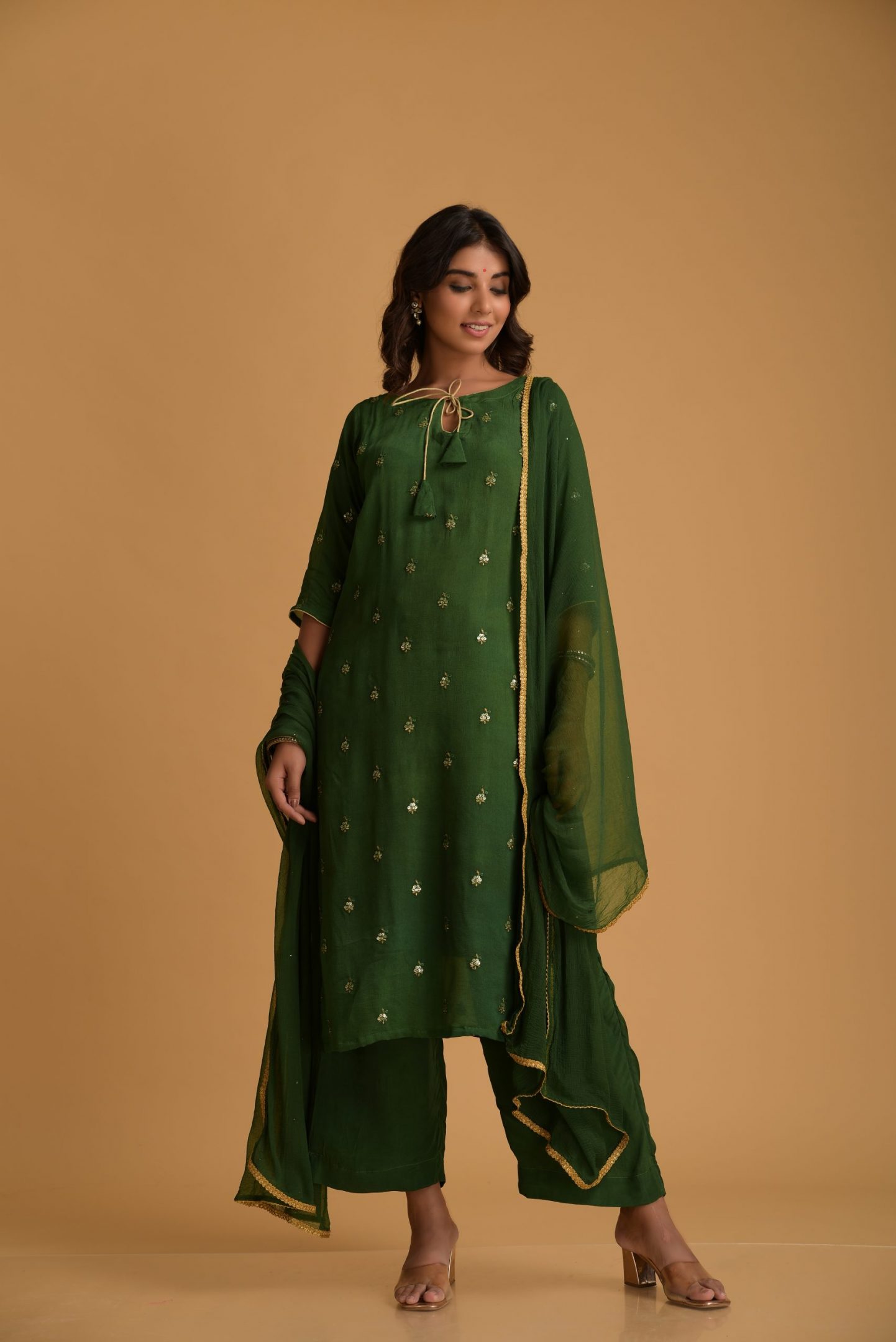 Bottle Green Crepe Chiffon Suit – DIMPLE DESIGN STUDIO