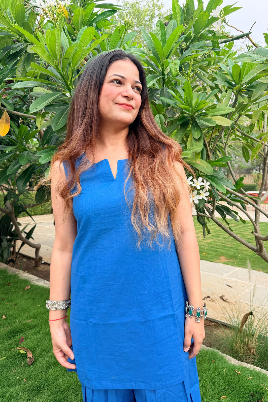 Blue Solid Cotton Farshi Set